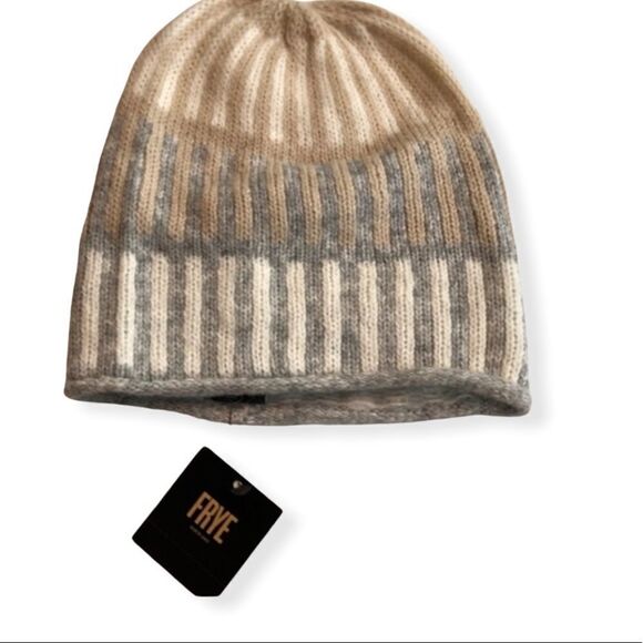 Frye Alpaca Wool Blend Trendy Retro Style Block stripes beanie in Heather Gray main image 9